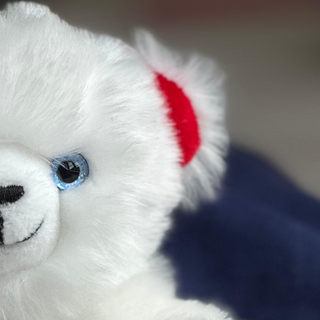 Zoom oreille rouge, ours en peluche, La Pelucherie
