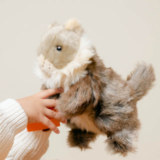Enfant jouant avec une petite peluche marmotte, lavable en machine, marque française, La Pelucherie