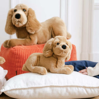 Duo de chiens, animaux de compagnie, doudou pour enfant, haut de gamme, marque française, La Pelucherie