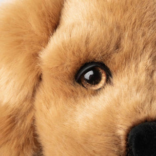 Détail d'un œil de peluche marron, paupière en cuir, réaliste, fabriqué en Italie, La Pelucherie