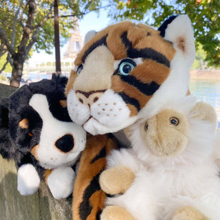 Chien, tigre et singe en peluche réalistes, cousus main, La Pelucherie
