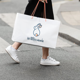 Sac cabas pour peluches, logo lapin peluche, savoir-faire, marque française, La Pelucherie