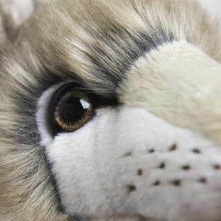 Détail d'un œil de peluche loup, yeux marron, haut de gamme, fabriqué en Italie, La Pelucherie
