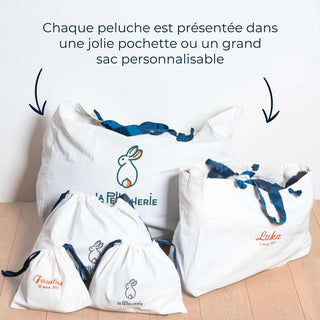 Pochettes et sacs en coton personnalisables, logo peluche lapin, haut de gamme, boutique France, La Pelucherie