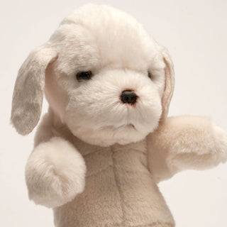 Petit chien en peluche, blanc avec des yeux marron, luxe, boutique France, La Pelucherie