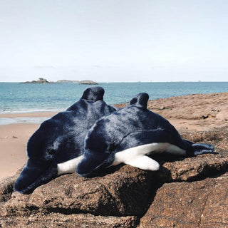 Dauphins sur la plage devant la mer, animaux en peluche, haut de gamme, fabriqué en Italie, La Pelucherie