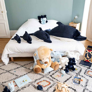 Animaux en peluche, bleu ciel, blanc et marine, décoration chambre d'enfant, cousu main, marque française, La Pelucherie