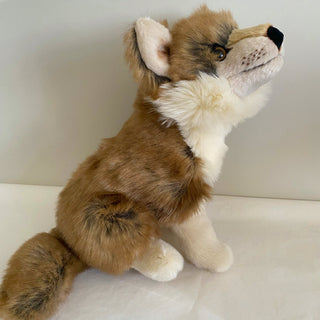 Peluche loup assis, vue de profil, garantie à vie, boutique France, La Pelucherie