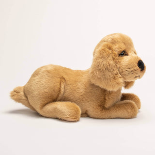 Peluche pour enfant, cocker marron, allongé, vue de profil, haut de gamme, boutique France, La Pelucherie