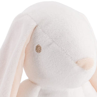 Zoom sur tête de lapin doux et expressif, doudou confort nouveau-né, haut de gamme, fabriqué en Italie, La Pelucherie