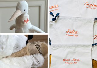 bPeluches et pochons brodés au prénom de l’enfant – cadeaux de naissance personnalisés par La Pelucherie, luxe, conçu en France, La Pelucherie