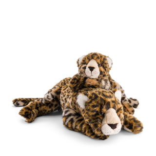 Duo de léopards en peluche, pelage tacheté marron, jaune et noir, yeux marron, garantie à vie, made in Italy, La Pelucherie