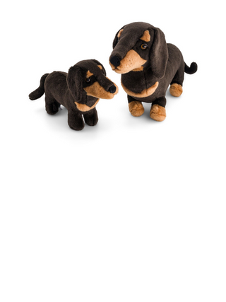 Peluche teckel Eugène en deux tailles, cousue main, idée cadeau chien pour enfant ou fan d’animaux, lavable en machine, marque française, La Pelucherie